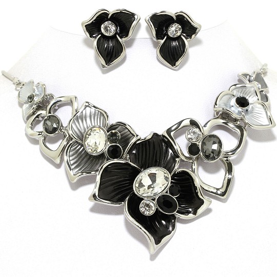 Necklace Earring Set Flower Gems Rhinestone Silver Black FNE1018