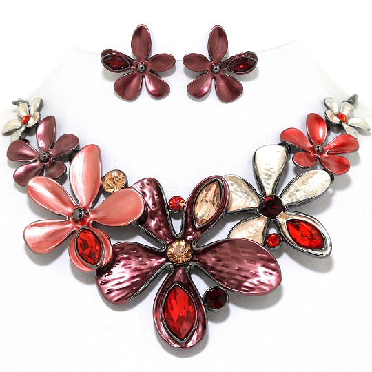 Necklace Earring Set Flower Oval Gems Gray Purple FNE1022