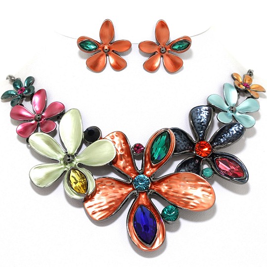 Necklace Earring Set Flower Oval Gems Gray Copper Orange FNE1023