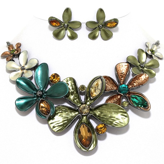 Necklace Earring Set Flower Oval Gems DK Gray Tea Green FNE1024