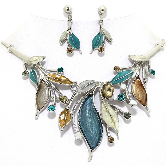 Necklace Earring Set Leaves Rhinestones Silver Teal Turq FNE1026