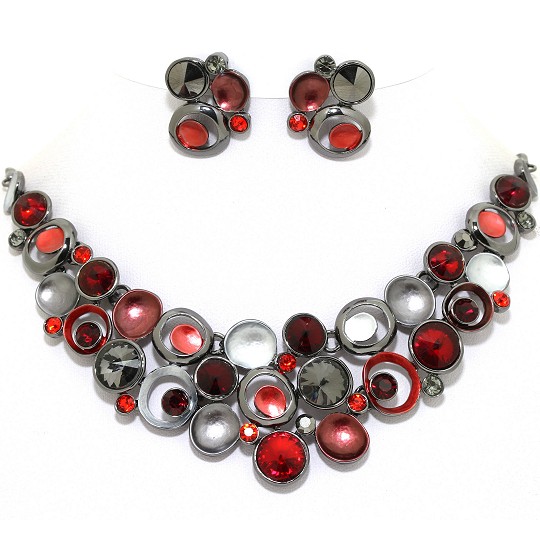 Necklace Earring Set Circles Gem Rhinestone DK Gray Red FNE1032