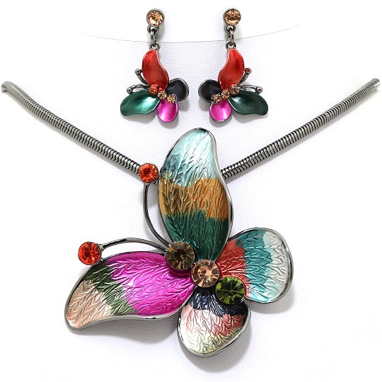 Necklace Earring Set Butterfly Pendant Rhinestone Gray M FNE1051