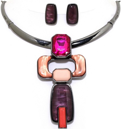 Necklace Earring Set Rectangle Gems Dark Gray Purple FNE1075