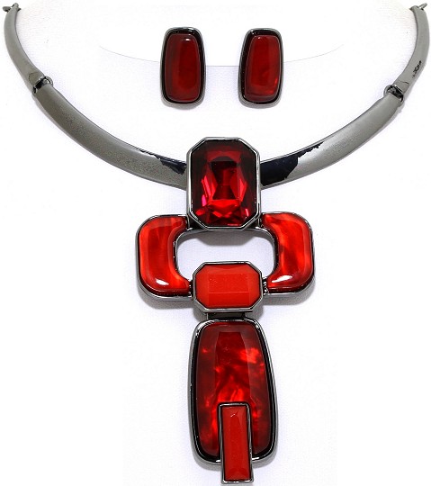 Necklace Earring Set Rectangle Gems Dark Gray Red FNE1077
