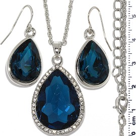 Necklace Earring Set Tear Crystal Gem Silver Dark Teal FNE1106
