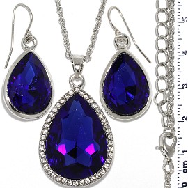 Necklace Earring Set Chain Tear Crystal Gem Silver Blue FNE1111