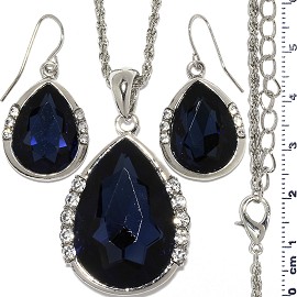 Necklace Earring Set Chain Tear Crystal Gem Silver Dk bl FNE1112