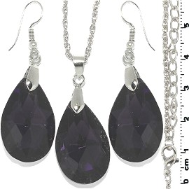 Necklace Earring Set Tear Crystal Silver Dark Purple FNE1114