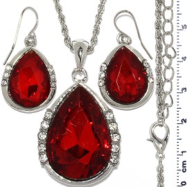Necklace Earring Set Chain Tear Crystal Gem Silver Red FNE1116
