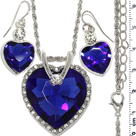 Necklace Earring Set Chain Heart Crystal Gem Silver Blue FNE1118