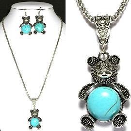 Thin Necklace Earring Set Teddy Bear Turquoise Silver FNE1122