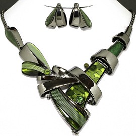 Necklace Earring Set Forest Green Line Green Rhinestone FNE1130
