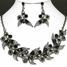 Necklace Earring Set Black Gray Leaf FNE1139