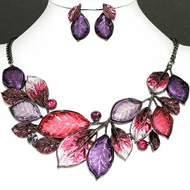 Necklace Earring Set Purple Hot Pink Leaf Rhinestone FNE1143