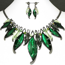 Necklace Earring Set Green Leaf Rhinestone FNE1153