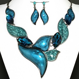 Necklace Earring Set Turquoise Blue Crystal Leaf FNE1164
