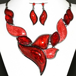 Necklace Earring Set Dark Red Crystal Leaf FNE1165