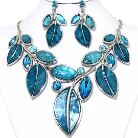 20"Necklace Earring Set Turquoise Blue Leaf Rhinestone Fne1176
