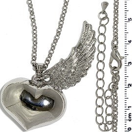 40" Chain Silver Angel Wing Heart Chime Sound Necklace FNE1193