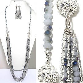 Bead Crystal Necklace Earring Rhinestone Silver Gray FNE1196