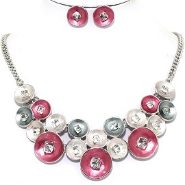 Necklace Earring Set Circle Crystal Cube Pink Gray FNE1224