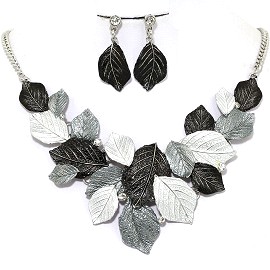 Necklace Earring Set Leaf Leaves Gray Black FNE1234