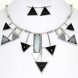 Necklace Earring Set Triangles Silver Black FNE1239