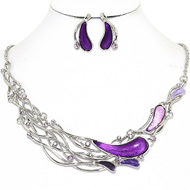 Necklace Earring Set Long Oval Tear Silver Purple FNE1254