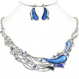 Necklace Earring Set Long Oval Tear Silver Blue FNE1256