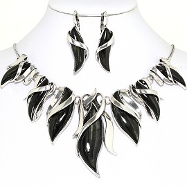 Curve Point Leaves Necklace Earring Set Silver Black FNE1258