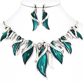 Curve Point Leaves Necklace Earring Set Silver Teal FNE1259