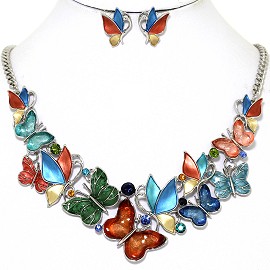 Butterfly Rhinestone Necklace Earring Set Multi Color FNE1270