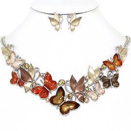 Butterfly Rhinestone Necklace Earring Set Silver Brown FNE1272