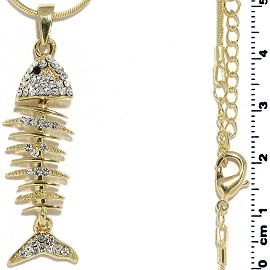 Chain Necklace Rhinestone Bone Fish Pendant Gold Tone FNE1306