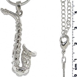 Chain Necklace Rhinestone Saxophone Pendant Silver Tone FNE1309