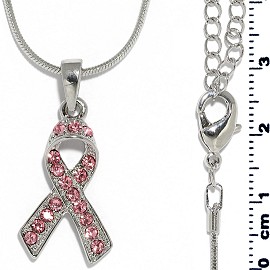 Chain Necklace Rhinestone Pink Ribbon Pendant Silver FNE1323
