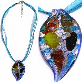 Necklace Glass Pendant Leaf 18" Ribbon Cord Turquoise FNE1327