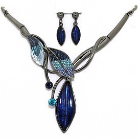 Necklace Earring Set Rhinestone Leaf Gray Blue FNE1328