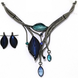 Necklace Earring Set Rhinestone Leaf Gray Blue FNE1336