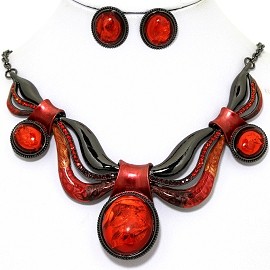 Necklace Earring Set Acrylic Gem Gray Red FNE1338
