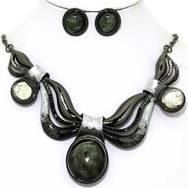 Necklace Earring Set Acrylic Gem Gray Dark Green FNE1339