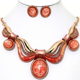 Necklace Earring Set Acrylic Gem Antique Gold Peach FNE1341
