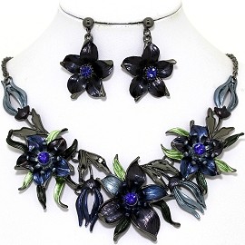 Necklace Earring Set Flowers Gray Blue FNE1342
