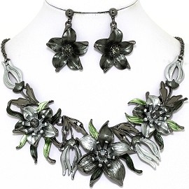Necklace Earring Set Flowers Gray Silver FNE1344