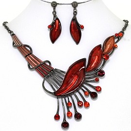 Necklace Earring Set Side Long Leaf Gray Red FNE1347