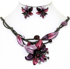Flower 19"Necklace Earring Rhinestone Magenta Pink FNE1355