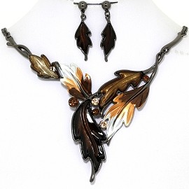 Necklace Earring Set Pointy Leaves Gray Brown FNE1364