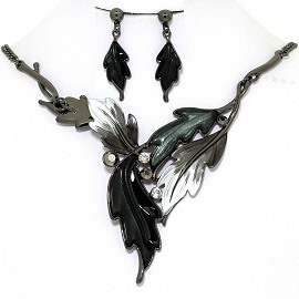 Necklace Earring Set Pointy Leaves Gray Black FNE1365