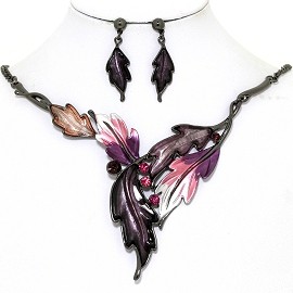 Necklace Earring Set Pointy Leaves Gray Purple FNE1366